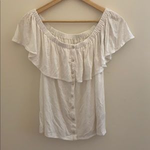 White button up off the shoulder shirt
